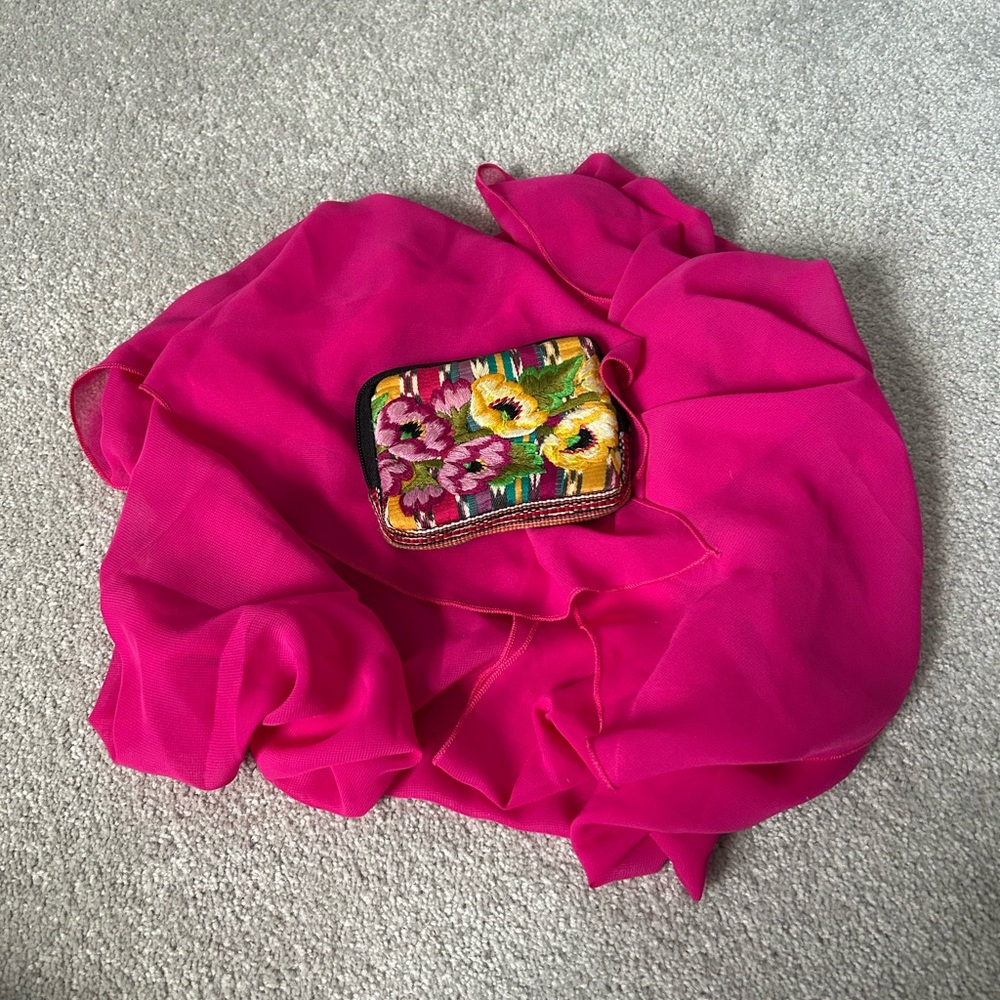 🔥🆕🔥 Fuchsia Chiffon Poncho Wrap & Embroidered Floral Pouch